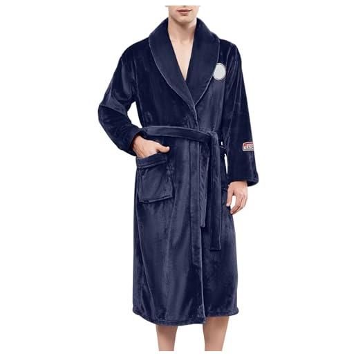 Generico vestaglia da notte invernale comodo accappatoio da uomo in tinta unita spesso e in pile porta card pelle calzini gialli portacarte elettronico completo grigio (blue, l)