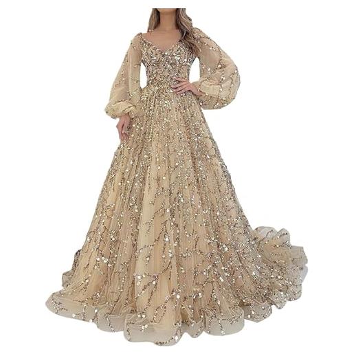 Generisch abito da ballo da donna, lungo, da principessa, in tulle, da cocktail, da donna, taglie forti, con scollo a v, maniche a sbuffo, lucido, con paillettes, linea ad a, abito da sposa, gold, l