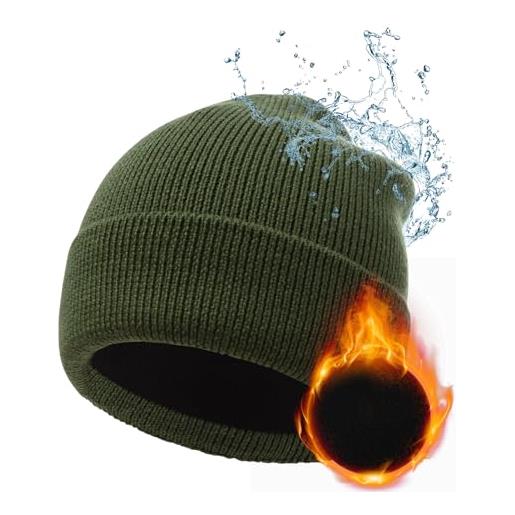 Ewaycom oversize xl/xxl lana merino beanie cappelli impermeabile spessa foderato in pile cappelli invernali per grandi teste uomini donne cuffed cappello di lana, verde militare, xx-large