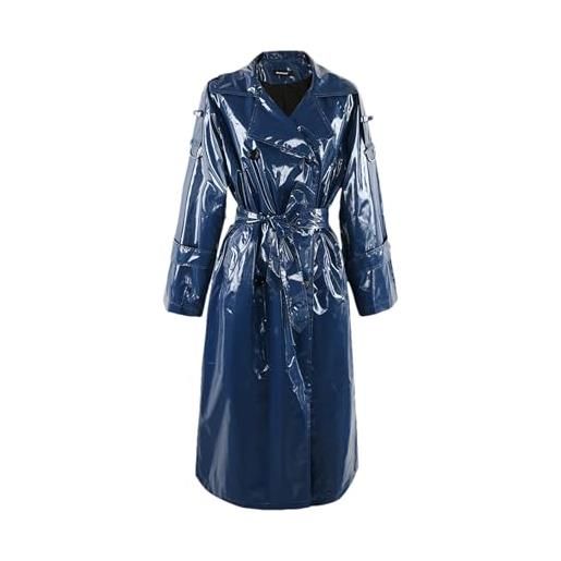 Mnjyihy giacca lunga da donna in pelle pu casual trench in ecopelle riflettente sottile doppio petto lucido riflettente blue m
