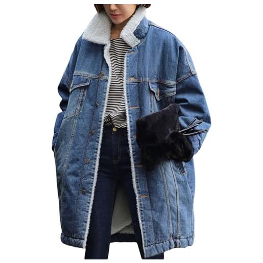 loveimgs cappotto da donna lungo in pile sherpa foderato in jeans giacca in denim trench spesso abbottonatura patchwork cappotto da camionista soprabito, blu, x-large