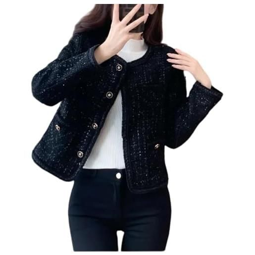 Suncadmious blazer corto ed elegante in tweed da donna stile business casual. Modello monopetto dalla vestibilità ampia e con tasche perfetto sia per il lavoro che per il tempo libero (nero, l)