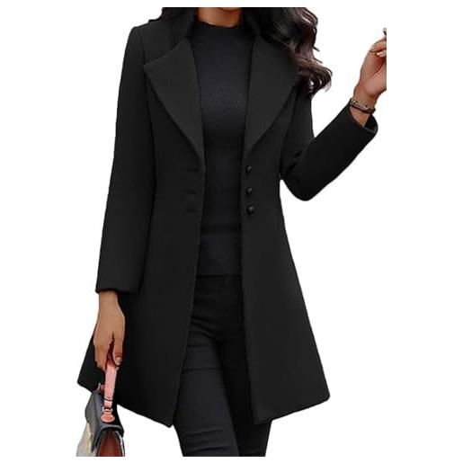 Yancremio cappotto invernale elegante da donna con risvolto trench in tweed tinta unita slim alla moda retrò cappotto casual da lavoro con bottoni a maniche lunghe (nero, s)