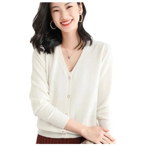 Hndudnff cardigan da donna in cashmere, con scollo a v, con bottoni, tinta unita, lavorato a maglia, bianco, xxl