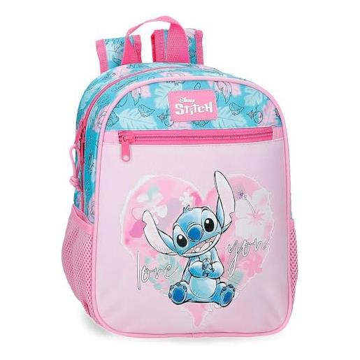 Disney heart stitch zaino per bambini, zaino per la scuola, realizzato in poliestere, tasche laterali, spalline larghe regolabili, maniglia superiore per appenderla, sistema magic fix. , rosa, taglia