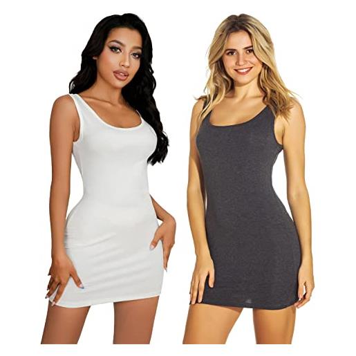 Mcilia canotta lunga da donna, morbida, elasticizzata e a coste sottili, 2 varianti bianco/grigio scuro taglia s (eu 34 36 38)