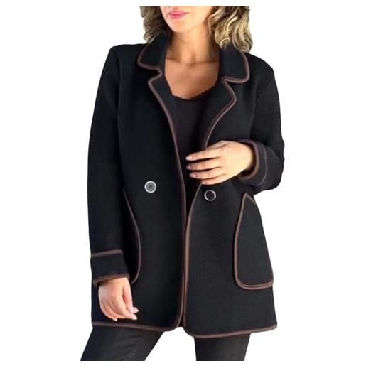 IQYU trench da donna in lana corta invernale | giacca invernale da donna elegante giacca di lana con tasche risvolto cappotto di lana da donna giacche invernali spesse giacche in pile, nero , m