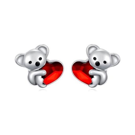 KQ&TTENG koala - orecchini da ragazza, in argento sterling 925, con pietra portafortuna, ipoallergenici, per compleanno, regalo di natale, rubino
