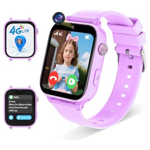 Alutoria 4g smartwatch bambina, smartwatch bambini con gps, orologio bambino videochiamata chat vocale, wifi ricezione sms sveglia sos modalità scuola contapassi, regali per bambini dai 4 anni in su, viola