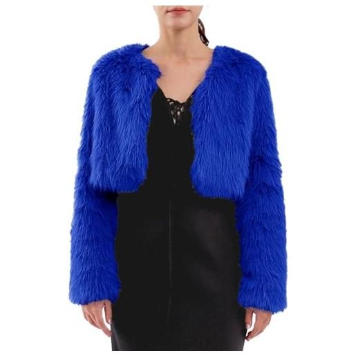 Amazhiyu cappotto da donna in finta pelliccia, giacca invernale a maniche corte, tinta unita, girocollo, aperto sul davanti, in peluche, caldo cardigan a pelo lungo in pelliccia artificiale, blu