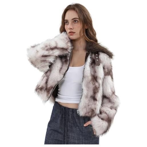 Amazhiyu cappotto da donna in finta pelliccia, a maniche lunghe, con risvolto, con tasche, con cerniera, caldo cardigan in peluche per l'inverno, beige, l