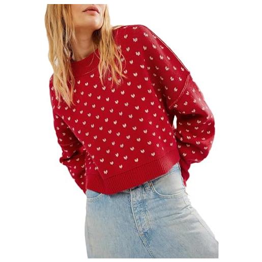 Generic maglione da donna oversize a pois maglione corto per le donne maglione floreale y2k maglioni casual pullover maglione, rosso, m