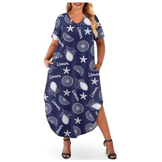 Ocwfudsx abiti da donna taglie forti a line maxi prendisole, scollo a v, maniche corte, morbido, delicato sulla pelle traspirante per appuntamenti casual a casa, disegno al limone, 3xl (plus)