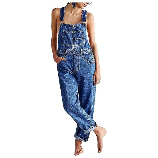 Qianderer salopette da donna in denim casual a gamba larga in denim tuta larga larga bretella salopette pantaloni larghi jeans lunghi, blu, xl