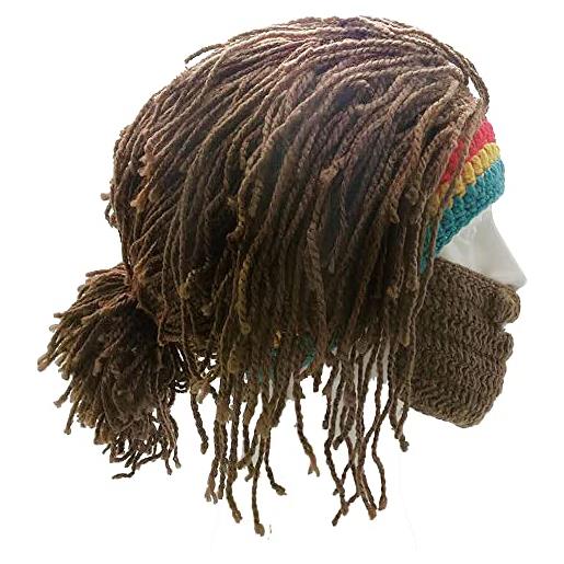 YEKEYI barbaro creativo lavorato a maglia barba cappello divertente maglia cappello parrucca beanie cappello maschera barba rimovibile, marrone, 58
