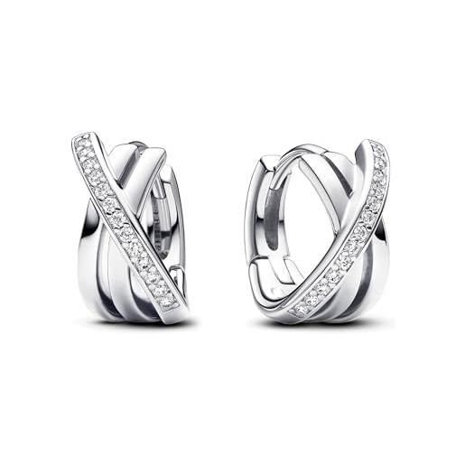 PANDORA signature orecchini a cerchio con incrocio con pavé in argento sterling con zirconi cubici trasparenti
