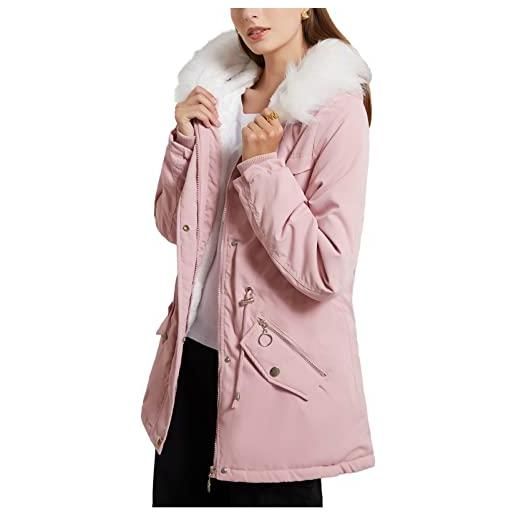 amropi donna giacca parka da fodera in pile invernale con cappuccio in pelliccia rosa, m