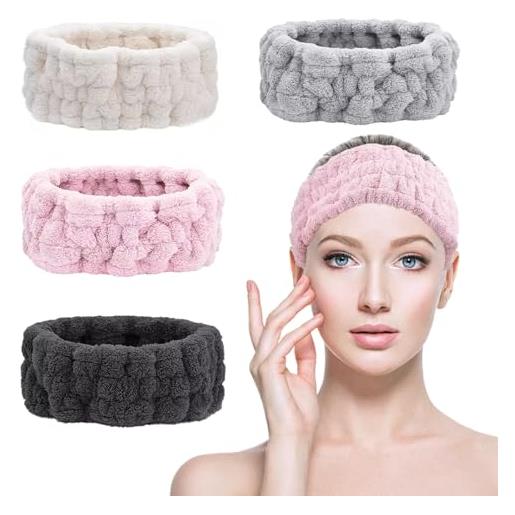 KEYRI 4 pezzi fascia capelli donna trucco, fascia per viso spa fascia elastico morbido flanella testa avvolge capelli skincare per ragazze viso doccia sport cura della pelle (nero+bianco+rosa+grigio)