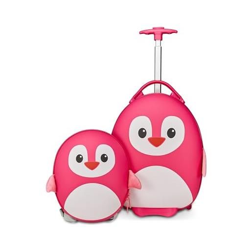 SJ GANG STYLE JAM GANG trolley + zaino rigido scuola bambini, fancy animals, fucsia, fantasia pinguino, bambini, piedino frontale antiribaltamento, scuola e tempo libero