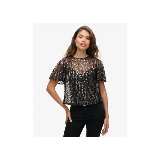 Superdry per donna. W6011972a t-shirt trasparente con paillettes nere [3189453], nero, casual, da sera, poliestere, manica corta