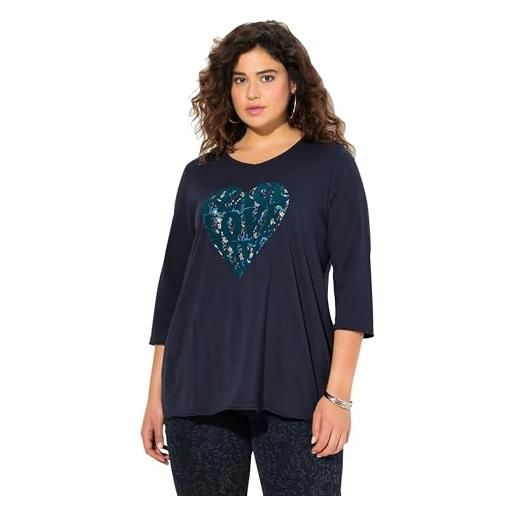 Ulla Popken maglietta da donna taglie forti, taglie forti, motivo cuore, linea a, scollo a v, maniche lunghe, blu marino, 48/50 it