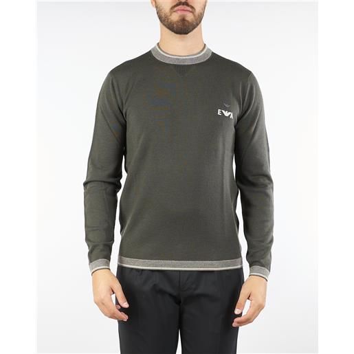 EMPORIO ARMANI maglia fango in pura lana con ricamo logo e profili a contrasto