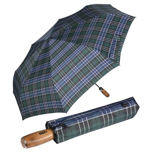 iX-brella - ombrello da uomo xxl 121 cm con vero manico in legno e accensione automatica, blu a scacchi con manico, 121 cm