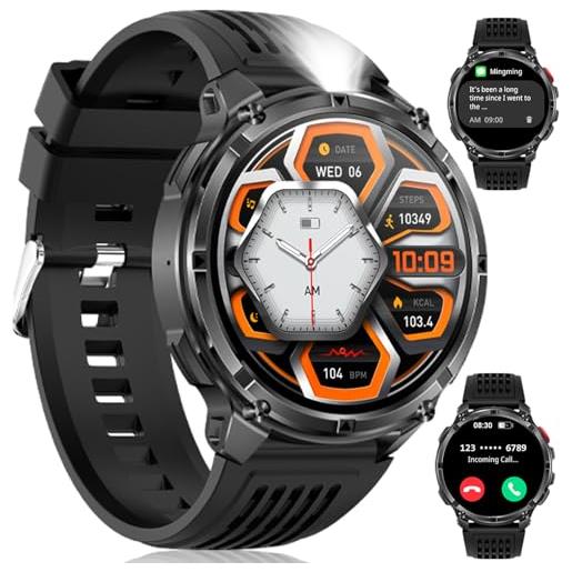 MEETOWN smartwatch uomo militare, 1100mah smartwatch con chiamate bluetooth, torcia led, 1,7 hd, bussola, monitoraggio pressione e ossigeno sangue, ip68 orologio uomo per ios android, 2 cinturini