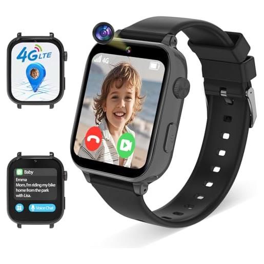 Alutoria 4g smartwatch bambina, smartwatch bambini con gps, orologio bambino videochiamata chat vocale, wifi ricezione sms sveglia sos modalità scuola contapassi, regali per bambini dai 4 anni in su, nero