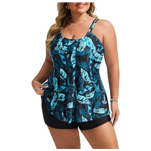 Hanna Nikole set tankini da donna taglie forti in due pezzi top tankini fluidi e pantaloncini da bagno a vita alta comodo costume da bagno costumi da bagno doppie spalline regolabili, foglie blu su
