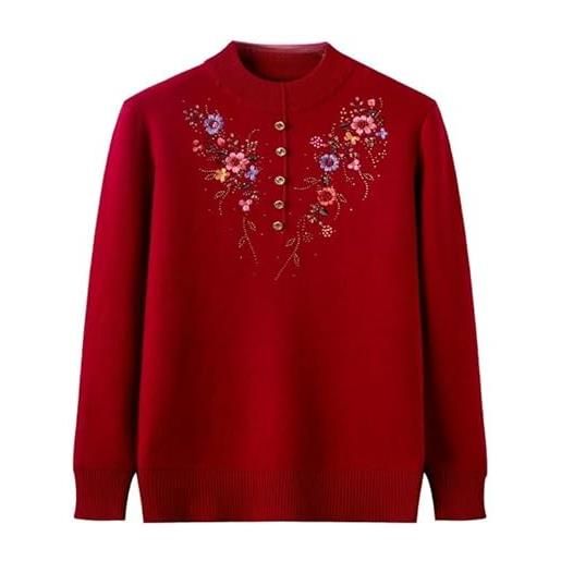 YONGHONGKEJI maglione da vecchia signora con bottoni maglione da donna di mezza età e anziana fodera in pile maglieria elegante top con ricami floreali morbido pullover felpe invernali calde vellut