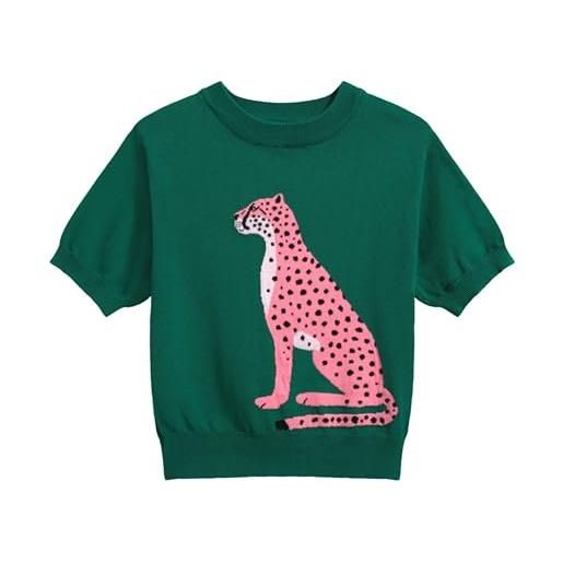 OXKNIT t-shirt da donna verde a maniche corte con leopardato jacquard, maglia top con collo rotondo, lunghezza accorciata, verde, m