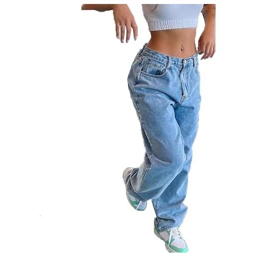 MASUCOR pantaloni in denim a gamba dritta da donna jeans boyfriend larghi a vita bassa jeans larghi vintage casual y2k streetwear jeans a gamba larga per adolescenti con tasche hip hop alla moda(black
