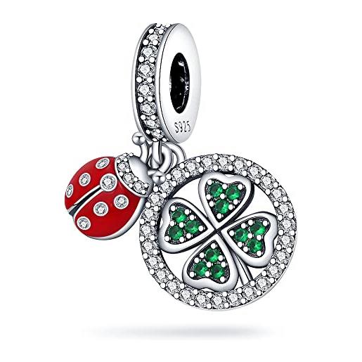 Mon & Sons ciondolo a forma di coccinella con quadrifoglio portafortuna, in argento sterling 925, compatibile con braccialetti pandora