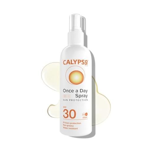 Calypso spray solare una volta al giorno, spf30, protezione solare per 8 ore, non unge, resistente all'acqua, 200 ml, trasparente, la confezione può variare