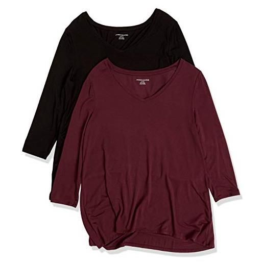 Amazon Essentials t-shirt swing con maniche a 3/4 e scollo a v (taglie forti disponibili) donna, pacco da 2