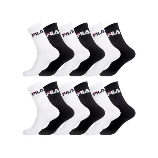 FILA calzini uomo sportivo vestibilità perfetta set di 12 calze uomo lunghe, tennis, comodo, nero, bianchi, taglie 39/42