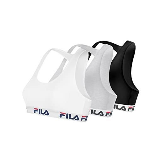 FILA reggiseno sportivo donna in cotone, senza rinforzo, set di 3, nero, grigio, bianco, taglie l