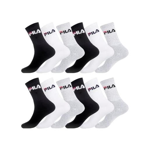 FILA calzini uomo sportivo set di 12 calze uomo lunghe, durevole e confortevole, bianchi, grigio, nero, taglie 43/46