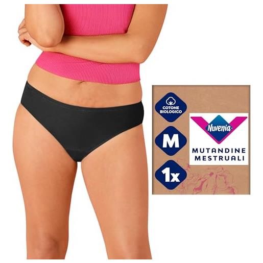 Nuvenia, mutandine mestruali in cotone biologico, modello slip brazilian, lavabili e riutilizzabili con protezione integrata per giorno e notte, flusso abbondante, colore nero, taglia m, 1 confezione