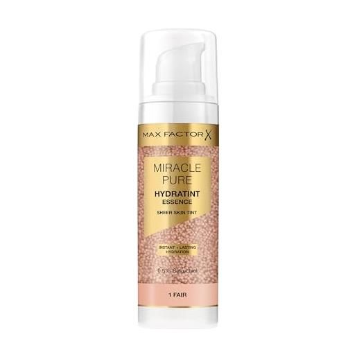 Max Factor miracle pure hydratint essence fondotinta, 1 fair, fino a 24 ore di idratazione, formula al 71% a base di acqua, copertura naturale, formula vegana
