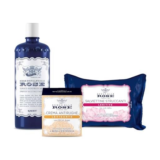 Acqua alle Rose, kit routine viso levigante, azione antirughe per pelli normali, contiene tonico rinfrescante, crema antirughe levigante e salviettine struccanti lenitive - esclusiva amazon
