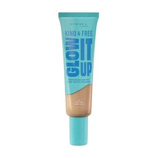 Rimmel London kind & free glow it up fondotinta idratante, 103, true ivory, lenisce la pelle sensibile, colorito sano e luminoso, idrata per tutto il giorno, 30 ml