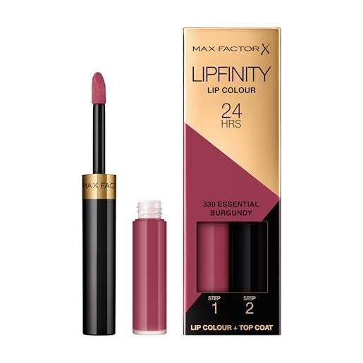 Max Factor lipfinity lip colour rossetto a lunga durata 2 in 1 con finish lucido, rossetto liquido e balsamo idratante per labbra morbide e lucenti - 330 essential burgundy, 2,3 ml + 1,9 g