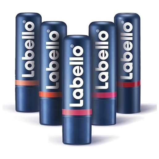 Labello caring beauty lip & cheek burrocacao labbra e guance, balsamo labbra colorato e blush stick nelle tonalità nude, coral, pink nude, pink e red, 5 lip balm da 4.8 g - kit esclusiva amazon