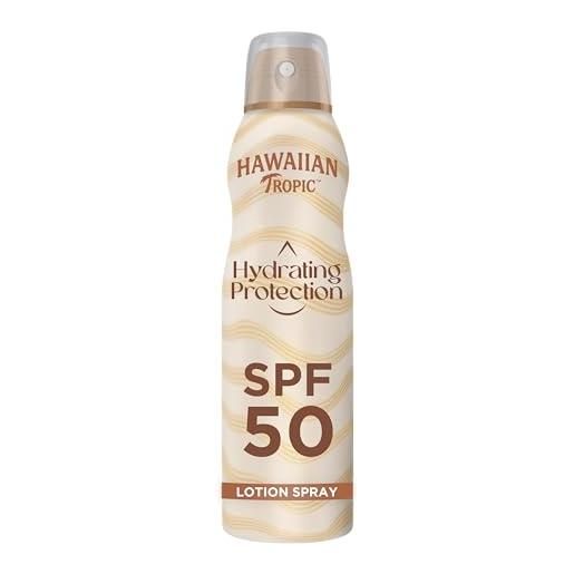 Hawaiian tropic | hydrating protection lozione solare spray spf 50, protezione uva + uvb, 220 ml, erogazione continua, profumazione tropicale, resistente all'acqua, vegano