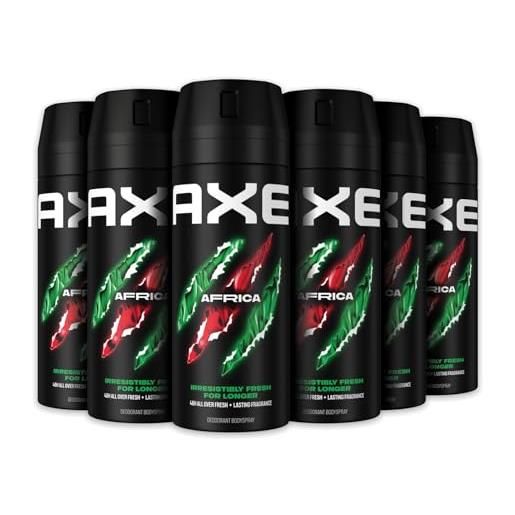 Axe deodorante uomo, axe africa, freschezza fino a 48h di protezione, deodorante spray, senza sali di alluminio, adatto per ascelle e corpo*, tecnologia proteggi odori, 6 pezzi da 150 ml