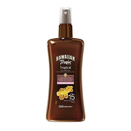 Hawaiian tropic | glowing protection olio secco spray spf 15, protezione uva + uvb, 200 ml, fragranza tropicale con olio di cocco, resistente all'acqua, vegano