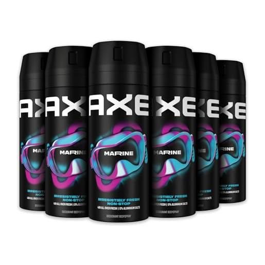 Axe deodorante uomo, axe marine, freschezza fino a 48h di protezione, deodorante spray, senza sali di alluminio, adatto per ascelle e corpo*, tecnologia proteggi odori, 6 pezzi da 150 ml