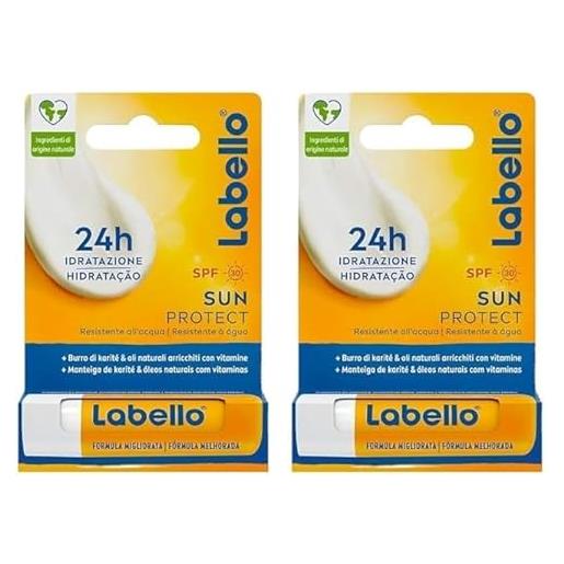 Labello sun protect burrocacao labbra spf50 4.8 g, balsamo labbra con filtri uva/uvb, cera d'api e oli naturali, burrocacao protezione solare 50 idratante per 24 ore (confezione da 2)